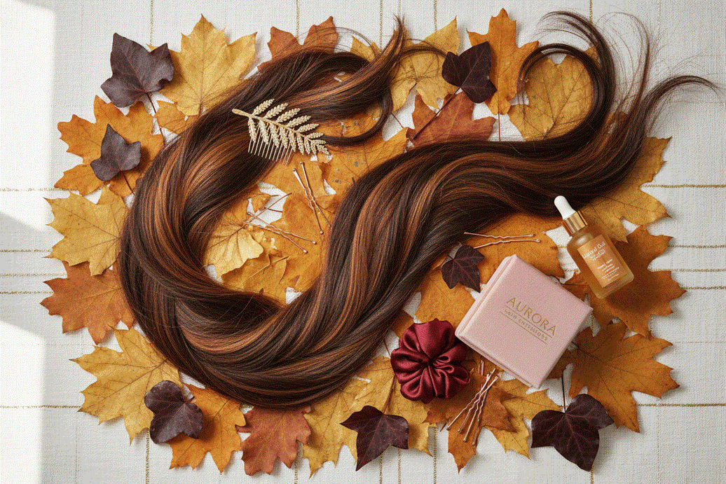 Woman with rich autumn-colored halo hair extensions styled in soft waves