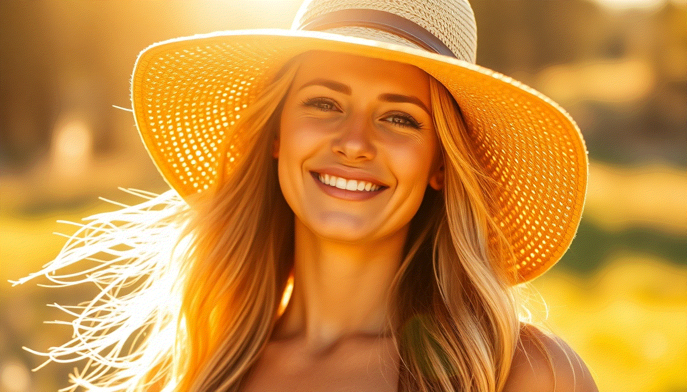 woman applying hair sunscreen spray outdoors during summer to protect hair from sun damage