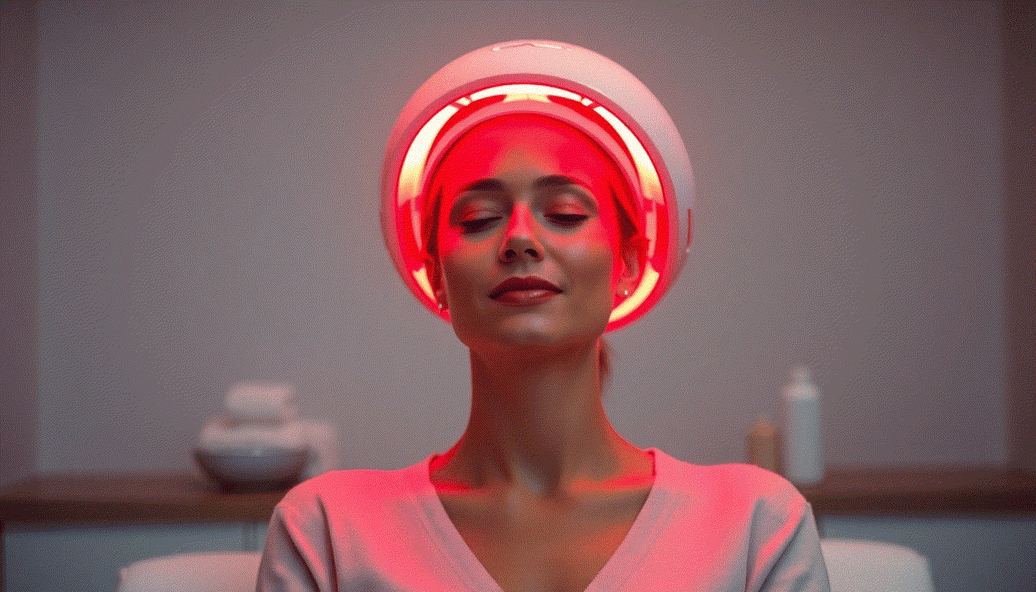 Close-up of red light therapy device emitting light on scalp for hair growth treatment