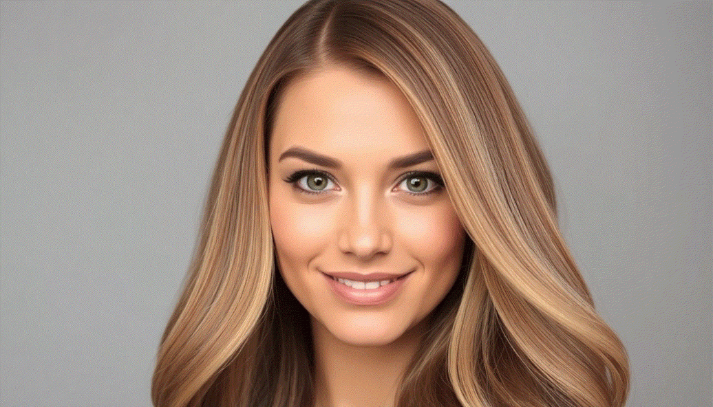 Woman fitting halo hair extensions with long, voluminous natural-looking hair and invisible wire placement