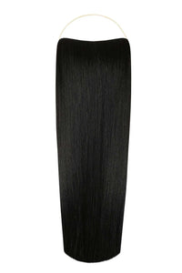 Close-up of straight Syn Halo hair extensions made from premium Kanekalon synthetic fibers with seamless natural look
