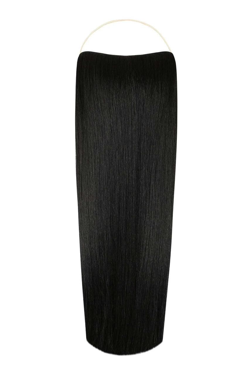 Close-up of straight Syn Halo hair extensions made from premium Kanekalon synthetic fibers with seamless natural look