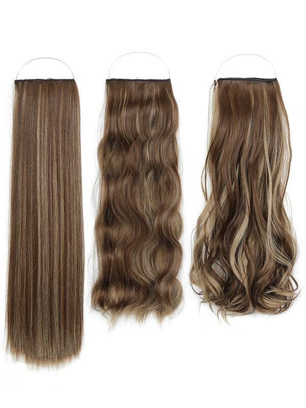 Syn Halo Hair Extensions Trio pack showing straight, wavy, and curly styles with Kanekalon fibers