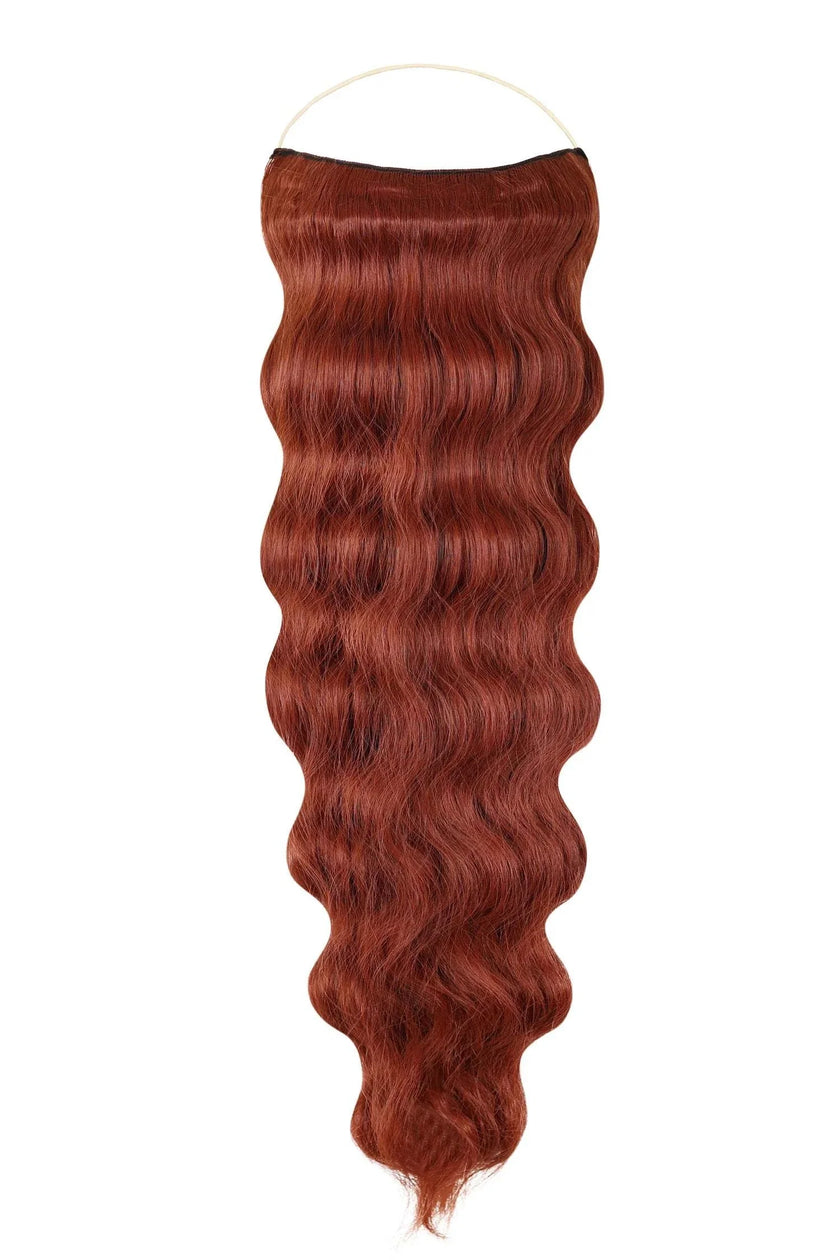Wavy Syn Halo hair extensions made from premium Kanekalon, lightweight and natural-looking with removable clips and heat-friendly styling.