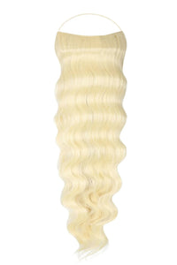 Wavy Syn Halo hair extensions made from premium Kanekalon synthetic fiber showcasing lightweight, natural-looking, easy-to-install wavy extensions in a seamless blend with natural hair.