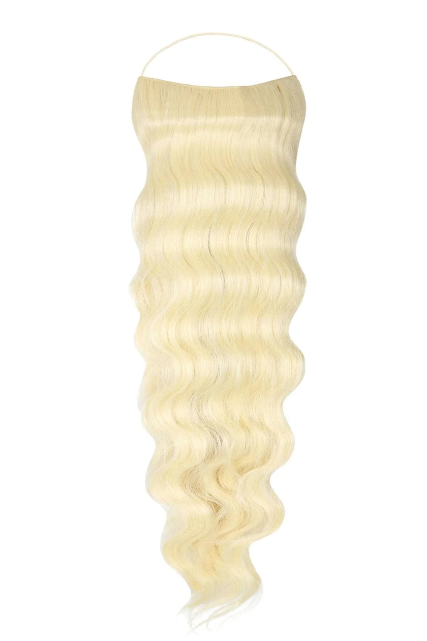 Wavy Syn Halo hair extensions made from premium Kanekalon synthetic fiber showcasing lightweight, natural-looking, easy-to-install wavy extensions in a seamless blend with natural hair.