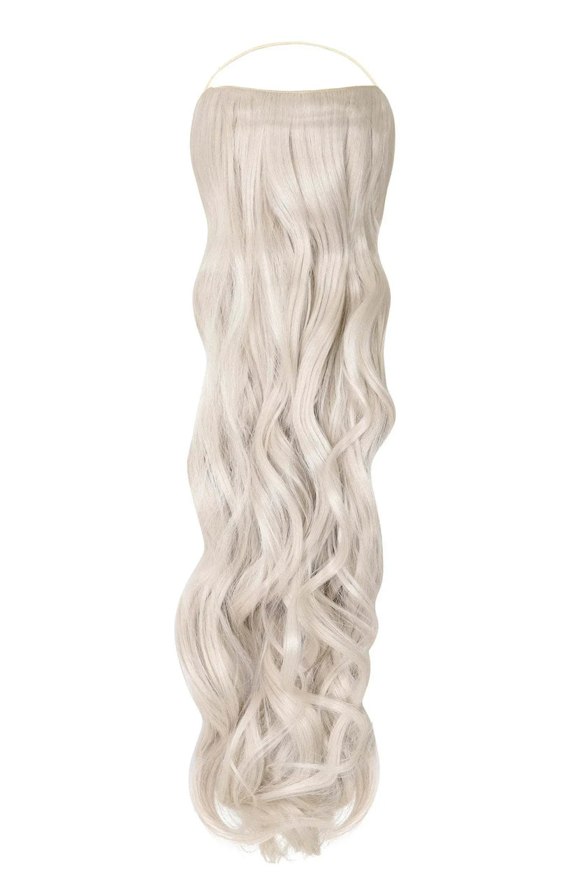 Curly Syn Halo Hair Extensions made from premium Kanekalon synthetic fibers, lightweight, natural-looking, and easy to install with removable clips.