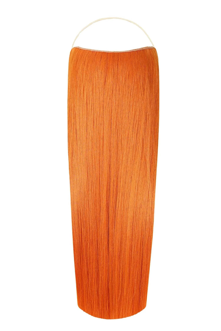 Close-up of long, straight Syn Halo hair extensions made from premium Kanekalon synthetic fiber, showcasing natural look and smooth texture.
