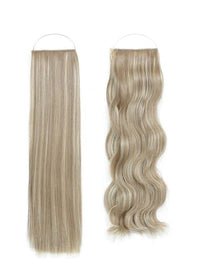 Syn Halo Hair Extensions Duo pack with sleek straight and beach wave Kanekalon strands displayed on a model