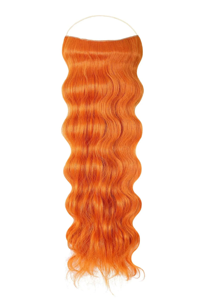 Close-up of wavy Syn Halo hair extensions made from premium Kanekalon synthetic fiber, showcasing natural look and lightweight design