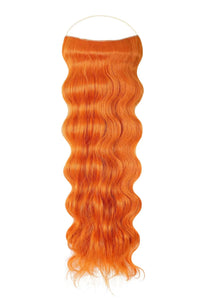 Close-up of wavy Syn Halo hair extensions made from premium Kanekalon synthetic fiber, showcasing natural look and lightweight design