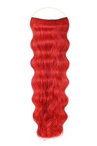 Close-up of wavy Syn Halo hair extensions made from premium Kanekalon fibers, showcasing natural look and lightweight design