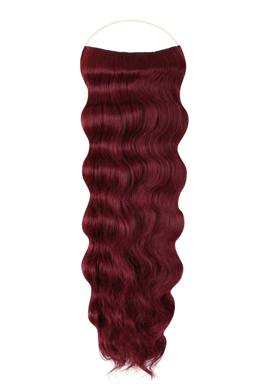 Wavy Syn Halo Hair Extensions made from premium Kanekalon synthetic fibers showcasing natural-looking, lightweight, durable wavy hair with a hidden wire design for easy installation.