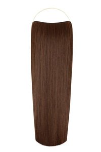 Close-up of straight Syn Halo hair extensions made from premium Kanekalon synthetic fiber showcasing natural look and lightweight design