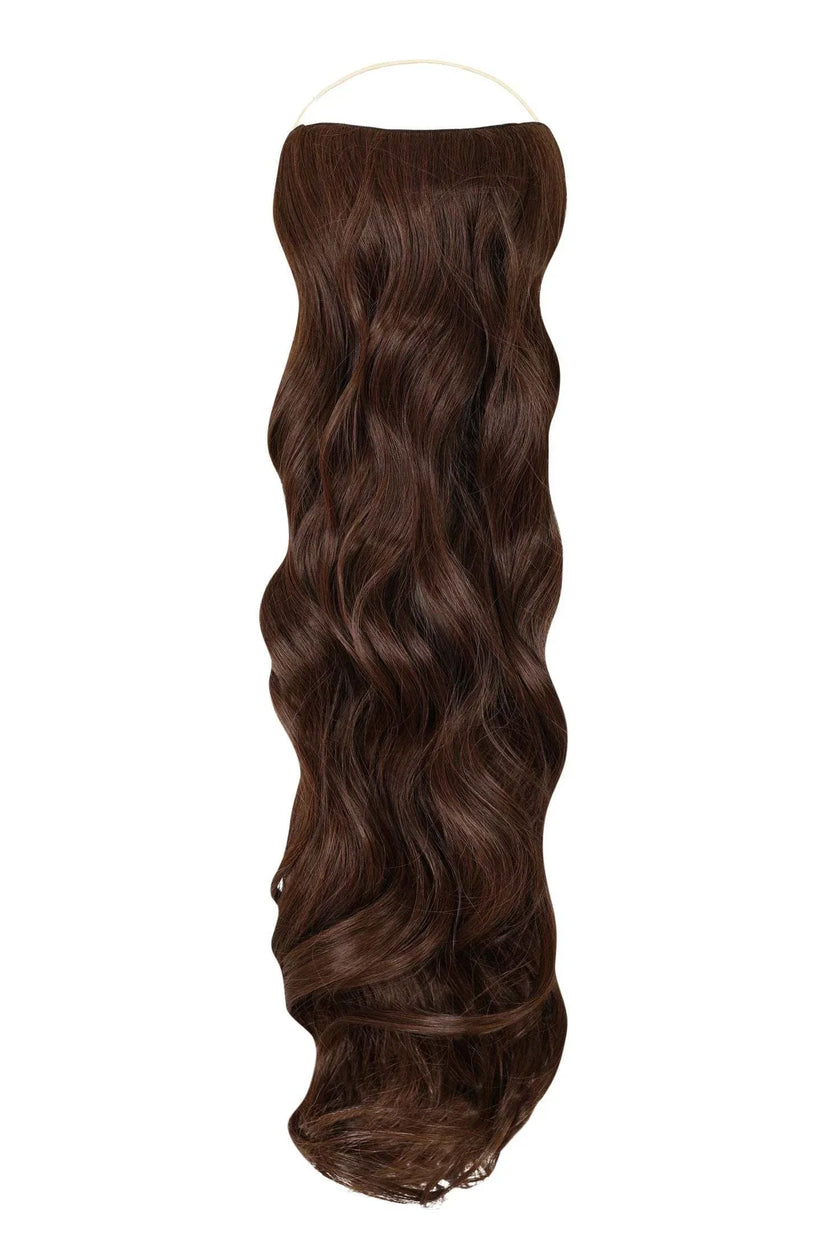 Curly Syn Halo Hair Extensions made from synthetic Kanekalon for natural, voluminous look with easy 30-second installation and lightweight comfort