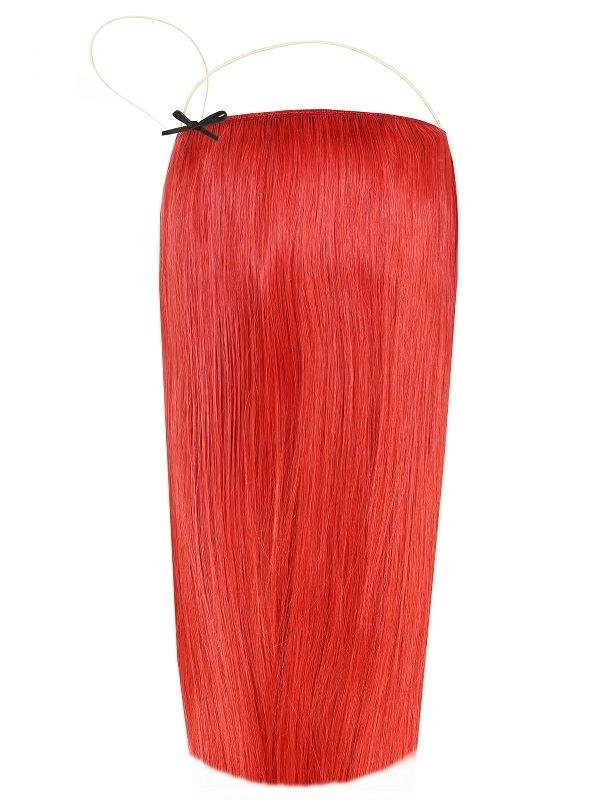 Premium Halo red hair extensions with adjustable clear wire and no clips or glue, 16" and 20" lengths, natural look for thicker hair