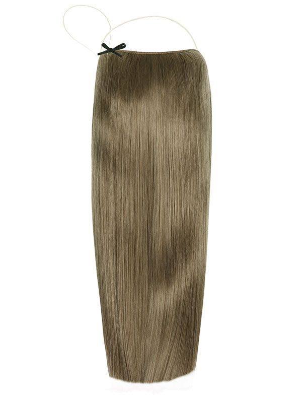 Halo Ash Brown hair extensions with adjustable clear wire for natural look, no clips or glue, available in multiple lengths and weights.