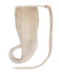 Ponytail ash blonde hair extensions made of 100% Indian human Remy hair with secure velcro and lace weft for added length and volume