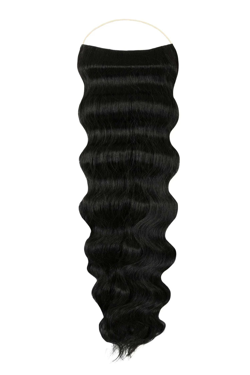 Close-up of wavy Syn Halo hair extensions made from premium Kanekalon synthetic fiber for natural look and comfort