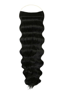 Close-up of wavy Syn Halo hair extensions made from premium Kanekalon synthetic fiber for natural look and comfort