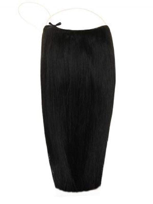 Premium Halo Jet Black #1 hair extensions with adjustable clear wire and no damage to natural hair