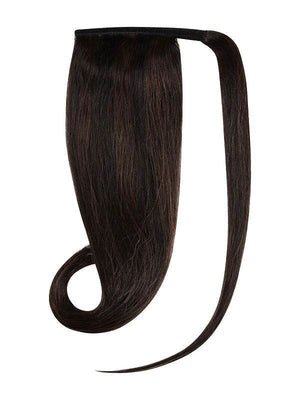 Ponytail hair extensions in espresso #1B/2 color made of 100% Indian human Remy hair, shown in 20 and 24 inch lengths with velcro and lace weft for easy styling and added volume.
