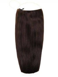 Premium Halo dark brown #2 hair extensions with adjustable clear wire, 16" and 20" lengths, no clips or glue, natural finish
