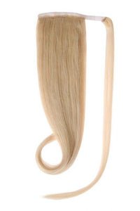 Golden blonde ponytail hair extensions #24 made from 100% Indian human Remy hair displayed with comb attachment and velcro for secure styling