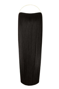 Straight Syn Halo Hair Extensions showcasing natural, lightweight, and durable synthetic Kanekalon strands with removable clips and seamless blend.