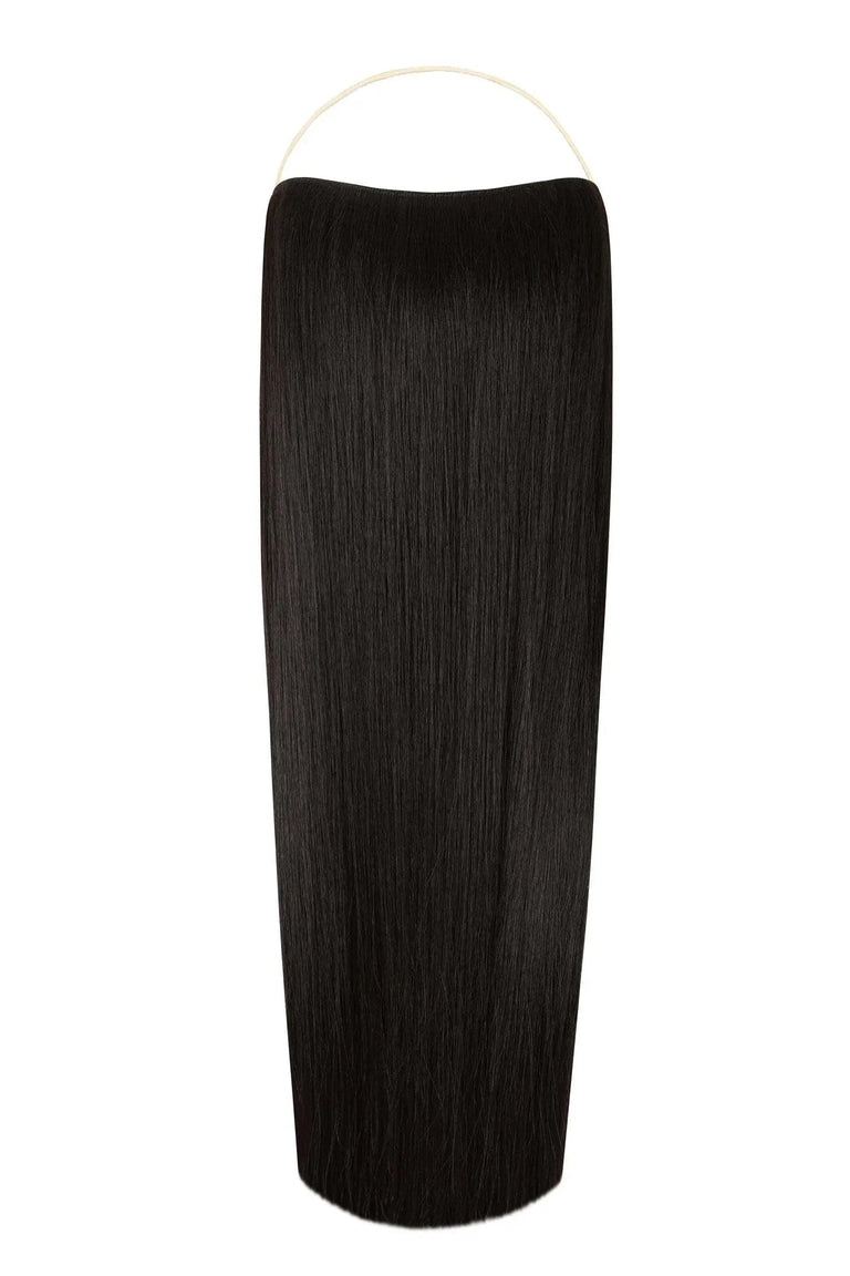 Straight Syn Halo Hair Extensions showcasing natural, lightweight, and durable synthetic Kanekalon strands with removable clips and seamless blend.