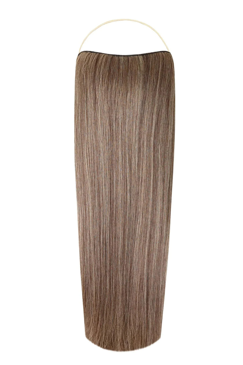 Close-up of straight Syn Halo hair extensions showcasing smooth, natural-looking synthetic Kanekalon fibers in a sleek style