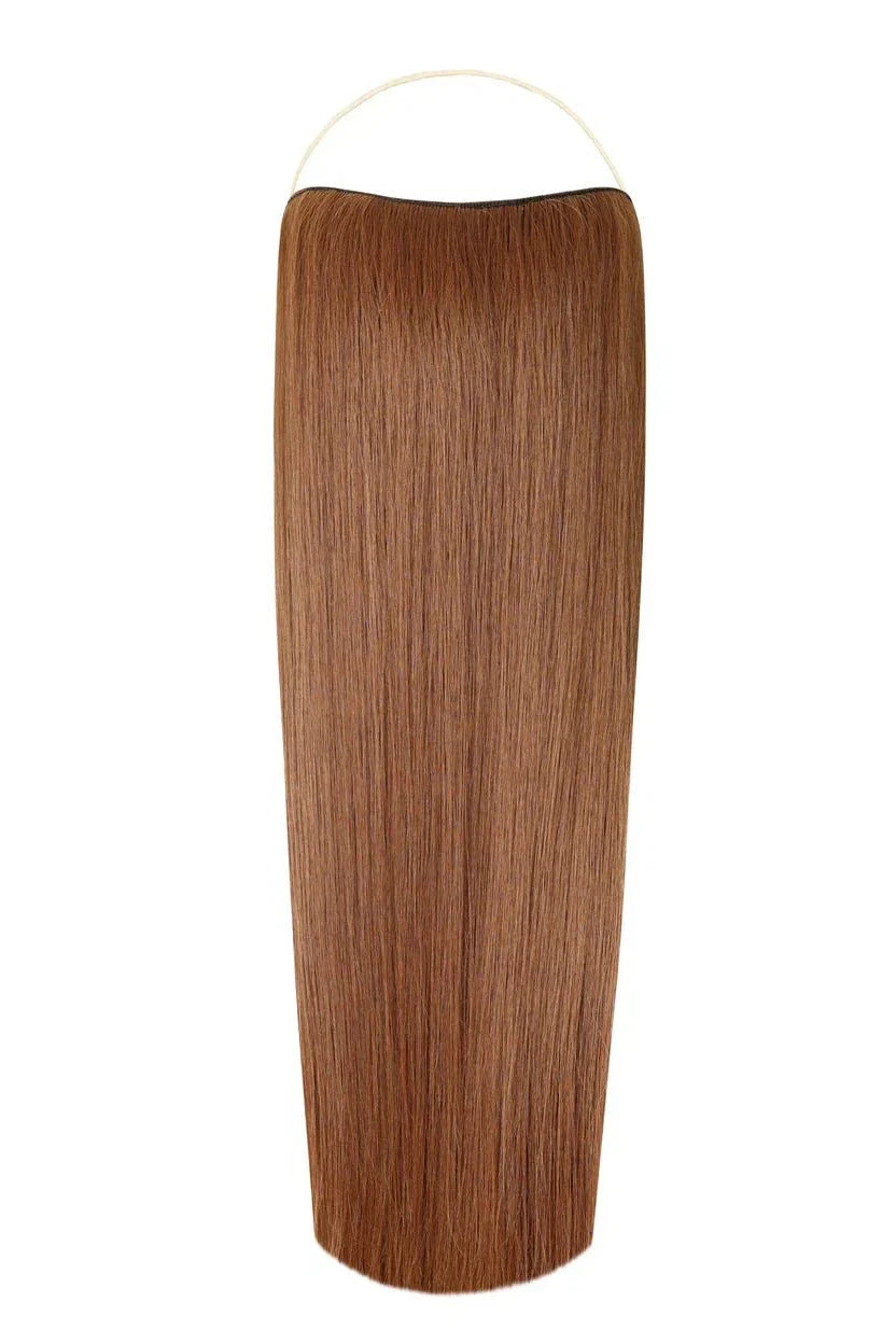 Straight Syn Halo Hair Extensions made from premium Kanekalon for a natural, lightweight, and durable look with hidden wire and removable clips.
