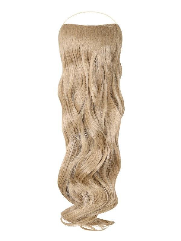 Curly Syn Halo Hair Extensions made from premium Kanekalon synthetic hair showing bouncy, natural-looking volume with hidden wire design and removable clips.