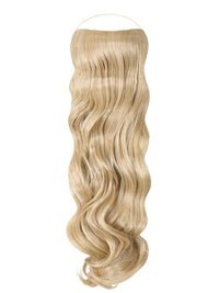 Curly Syn Halo hair extensions made from premium Kanekalon, featuring natural look, lightweight design, removable clips, and heat-friendly styling.