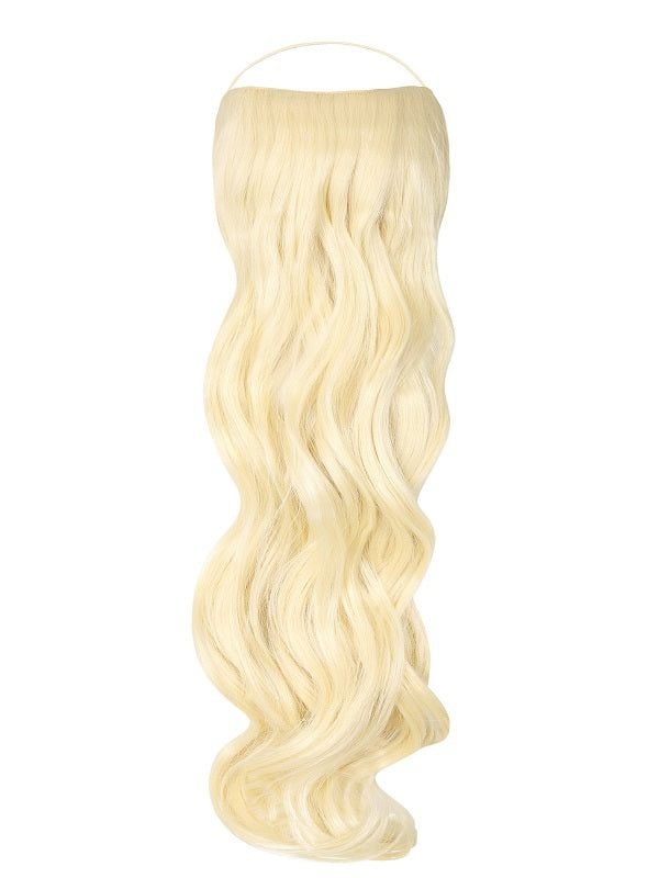 Curly Syn Halo Hair Extensions made from premium Kanekalon synthetic fiber showcasing natural, voluminous curls with lightweight, durable design and removable clips.