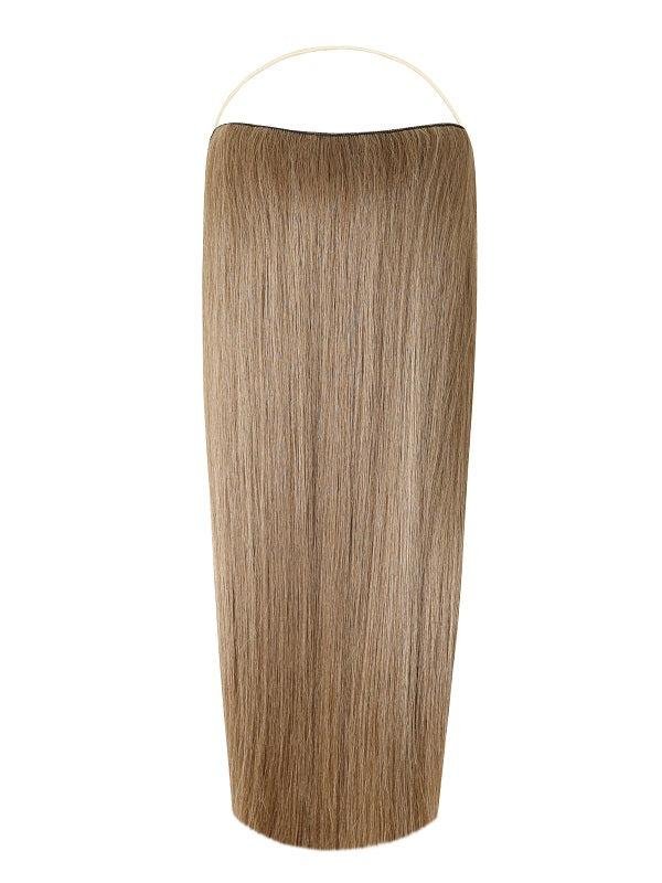 Straight Syn Halo Hair Extensions showcasing natural, straight, premium synthetic hair with hidden wire design and removable clips for easy, lightweight styling