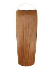 Close-up of straight Syn Halo hair extensions showcasing smooth, natural-looking synthetic Kanekalon fibers with hidden wire design and removable clips for easy installation and styling.