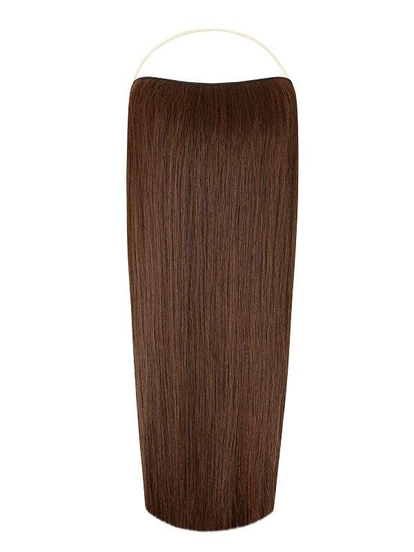 Straight Syn Halo Hair Extensions showing long, sleek, natural-looking synthetic hair with hidden wire design and removable clips for easy installation and styling