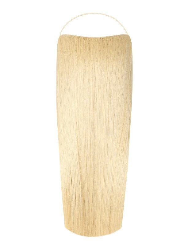 Close-up of woman wearing Straight Syn Halo Hair Extensions with natural, straight, shiny hair
