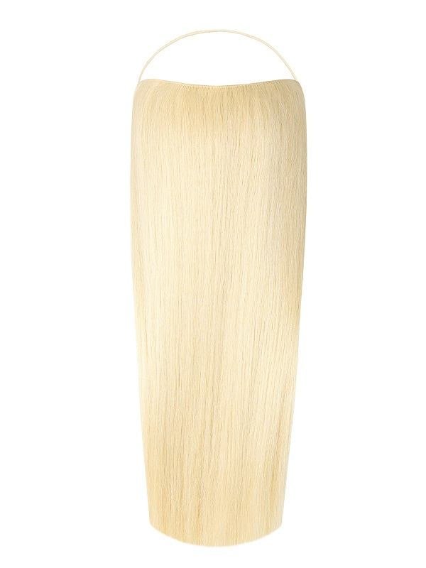 Close-up of straight Syn Halo hair extensions made from premium Kanekalon synthetic fiber showcasing natural look and lightweight design