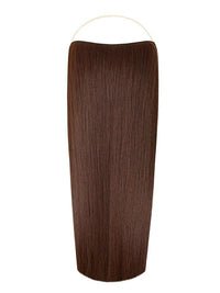Woman with long straight syn halo hair extensions showcasing natural, lightweight, and durable synthetic hair blend