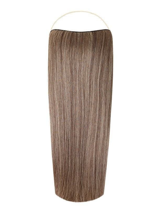 Straight Syn Halo Hair Extensions made from lightweight Kanekalon, featuring a natural look, removable clips, and easy 30-second installation.