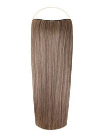 Straight Syn Halo Hair Extensions made from lightweight Kanekalon, featuring a natural look, removable clips, and easy 30-second installation.
