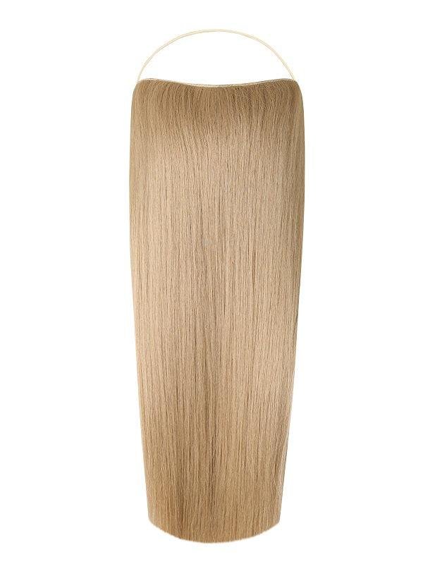 Straight Syn Halo Hair Extensions showcasing natural, lightweight, and durable synthetic hair with hidden wire design and removable clips.