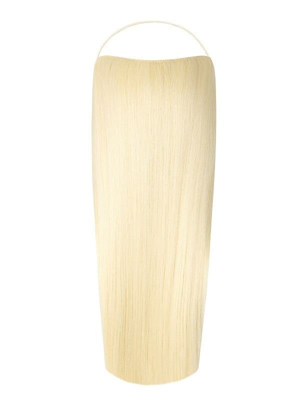 Woman showcasing long straight Syn Halo hair extensions with natural look and volume