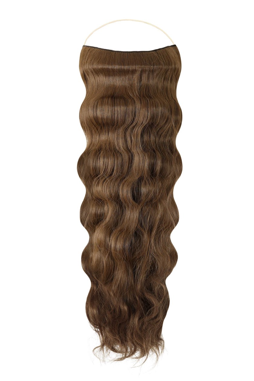 Wavy Syn Halo Hair Extensions made from premium Kanekalon synthetic fiber, lightweight and natural-looking with adjustable hidden wire and removable clips.
