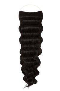 Close-up of wavy Syn Halo hair extensions made from premium Kanekalon synthetic fibers, showcasing natural look and lightweight design.