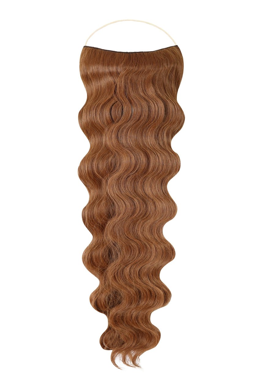 Wavy Syn Halo hair extensions in natural Kanekalon fiber showing lightweight, durable, and seamless blend for luxury look