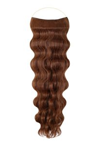 Close-up of wavy Syn Halo hair extensions made from premium Kanekalon synthetic fiber showcasing natural look and lightweight design