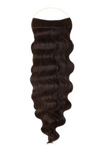 Close-up of wavy Syn Halo hair extensions made from premium Kanekalon, showcasing natural look and lightweight design.